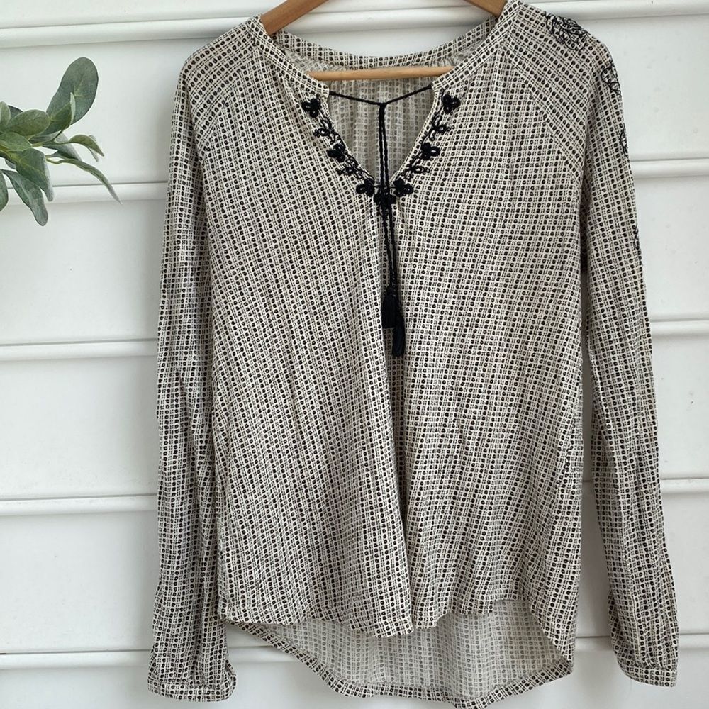 Lucky Brand Cream and Black Embroidered Peasant Tunic